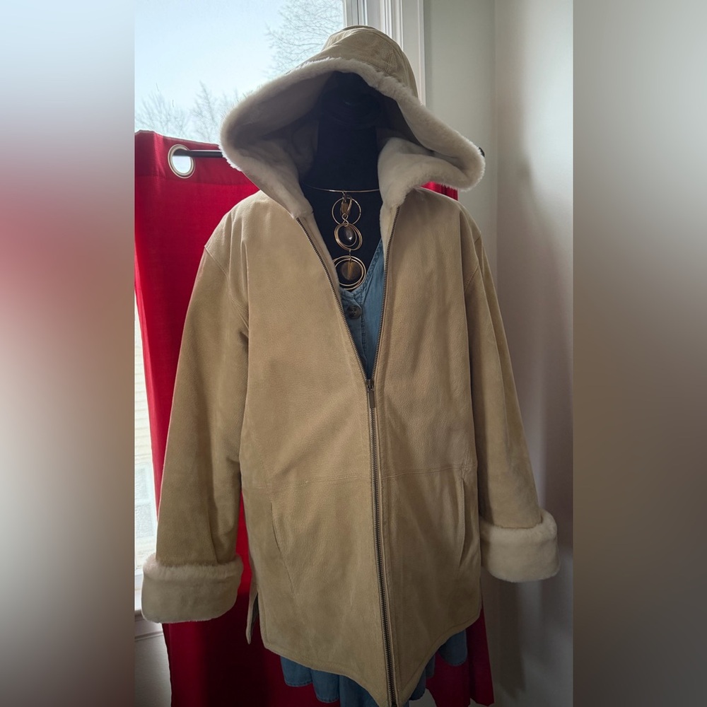St Johns Bay Suede Genuine Leather Coat Hoodie Jacket Beige Faux Fur Line size L